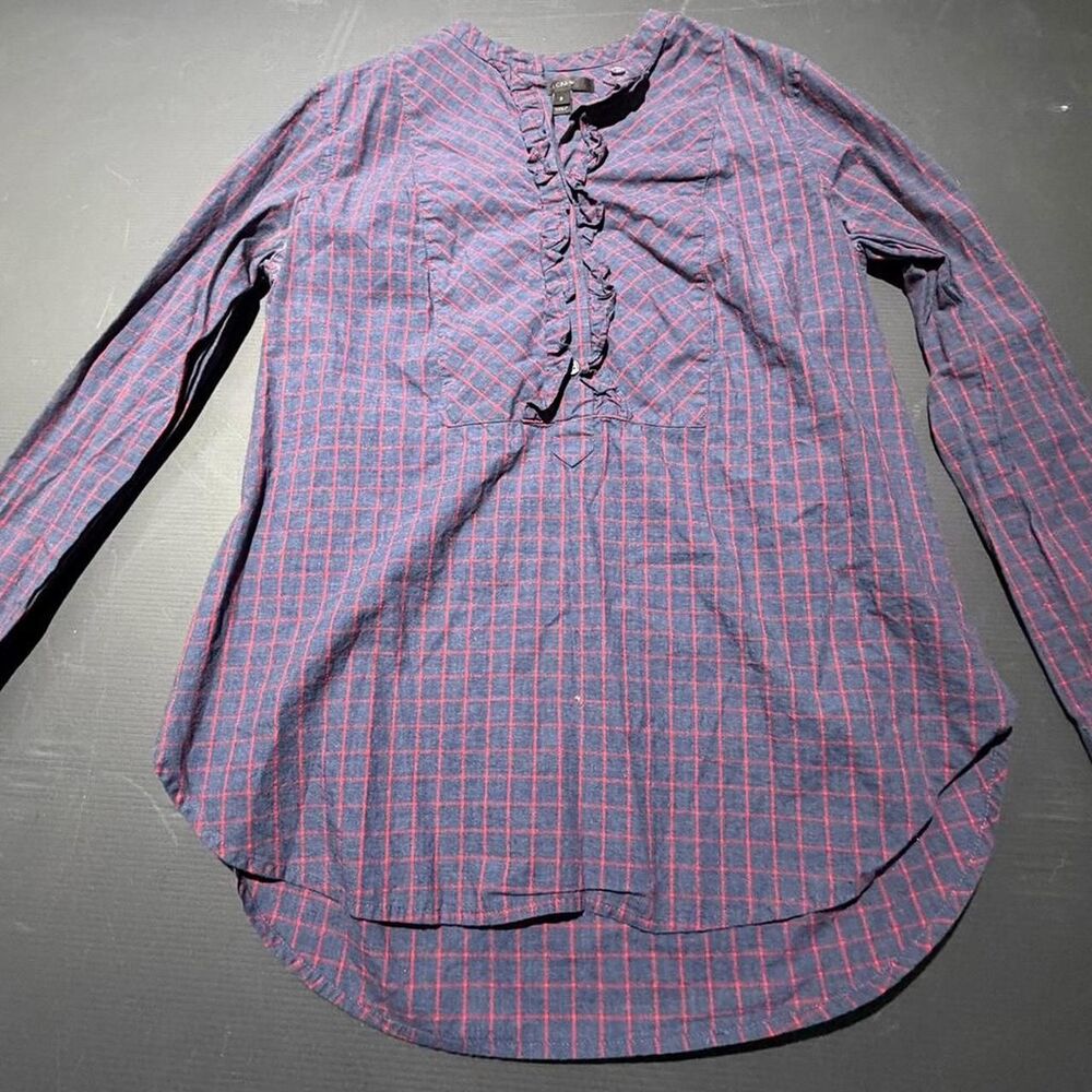 J. Crew Red & blue plaid pop over button-up shirt with ruffle detail